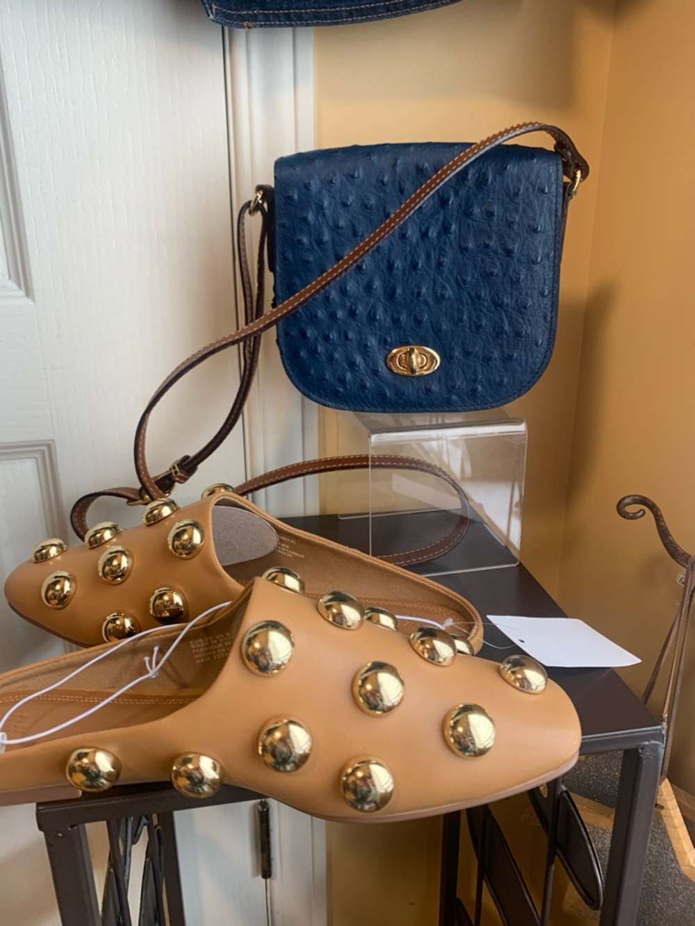 Original THE TREND navy ostrich tan leather crossbody bag